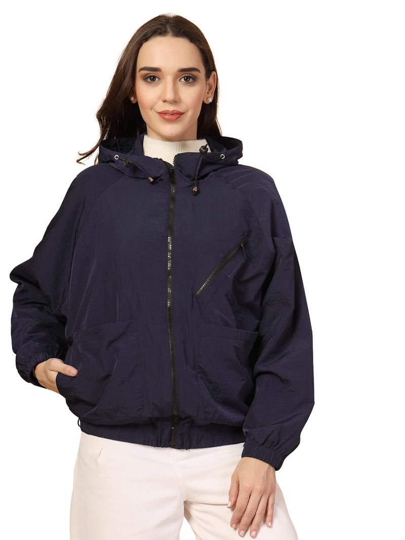CHKOKKO Womens Stylish Oversized Windcheater Jacket with Zip Closure Lightweight Sportswear for Running Travel Hiking Outdoor and Rainy Season Wear Navy XXL - Image 1