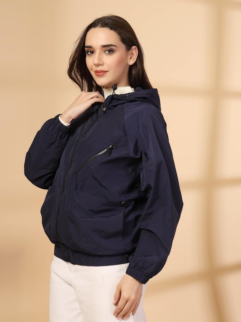 CHKOKKO Womens Stylish Oversized Windcheater Jacket with Zip Closure Lightweight Sportswear for Running Travel Hiking Outdoor and Rainy Season Wear Navy XXL - Image 3
