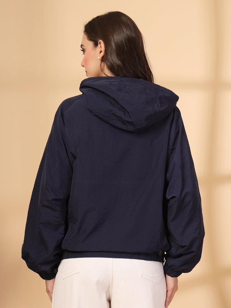 CHKOKKO Womens Stylish Oversized Windcheater Jacket with Zip Closure Lightweight Sportswear for Running Travel Hiking Outdoor and Rainy Season Wear Navy XXL - Image 2