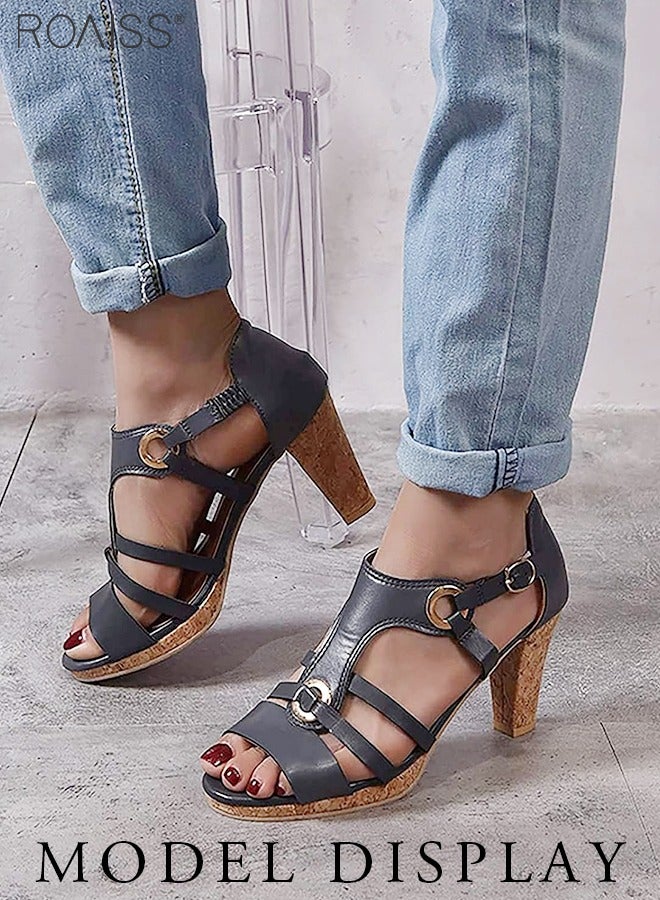 roaiss Fashionable Leather Hollow High-Heeled Sandals For Women'S Daily Commuting Open-Toe Pointed Cork Bottom Versatile Roman High-Heeled Shoes - Image 1