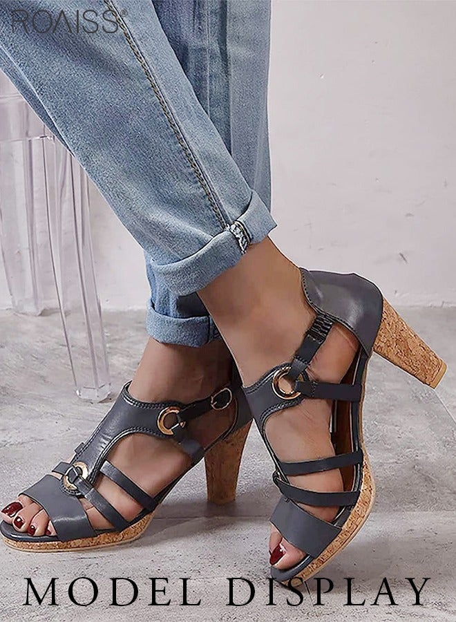 roaiss Fashionable Leather Hollow High-Heeled Sandals For Women'S Daily Commuting Open-Toe Pointed Cork Bottom Versatile Roman High-Heeled Shoes - Image 3