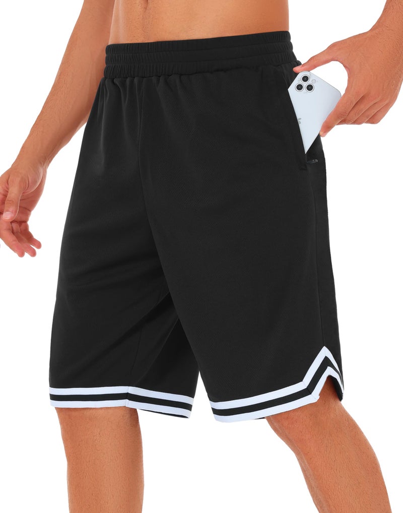 JWM Mens 11" Gym Basketball Shorts with Zipper Pockets - Long Quick Dry Lightweight Mesh Athletic Shorts for Workout Running Black - Image 1