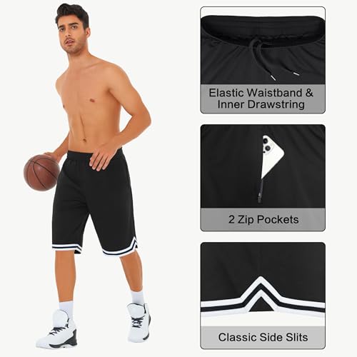JWM Mens 11" Gym Basketball Shorts with Zipper Pockets - Long Quick Dry Lightweight Mesh Athletic Shorts for Workout Running Black - Image 3