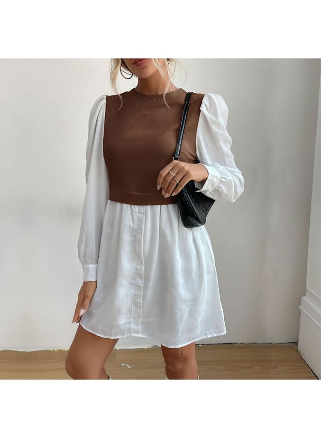 Independent Station Autumn Women's Clothing New Round Neck Puff Sleeve Contrast Color Stitching Commuter Shirt Dress
