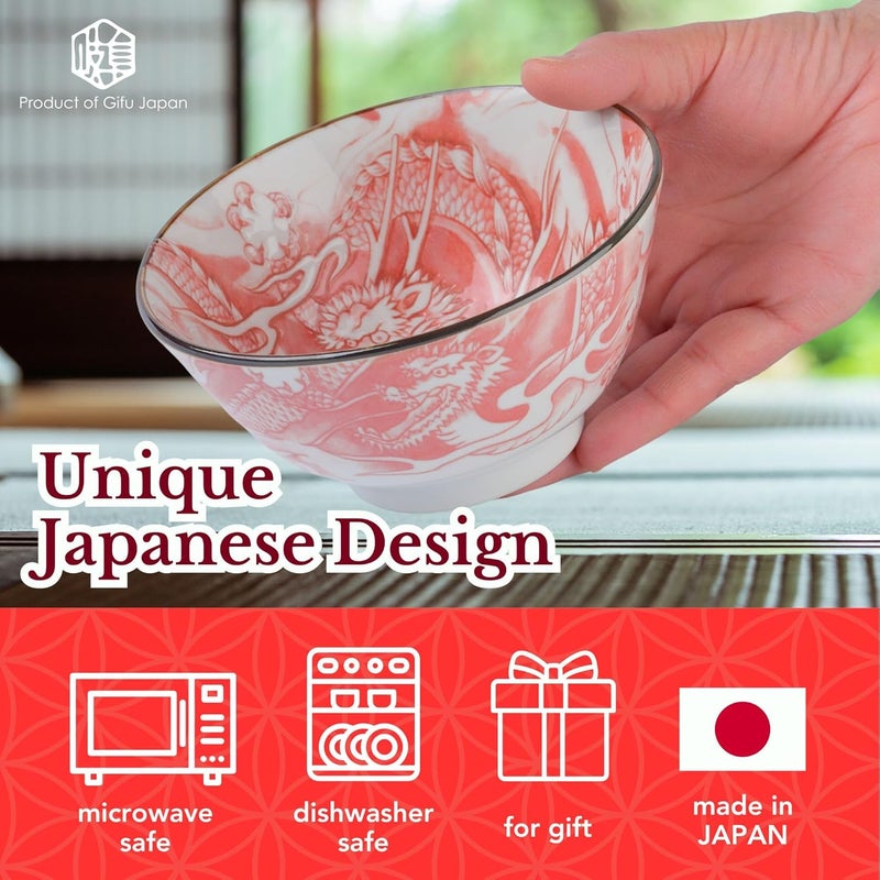 Mino Ware Japanese Rice Bowl Rice Ramen Noodle Soup Sarada Pasta Red Dragon Design Chawn 25 inch 88oz Set of 2 - Image 2