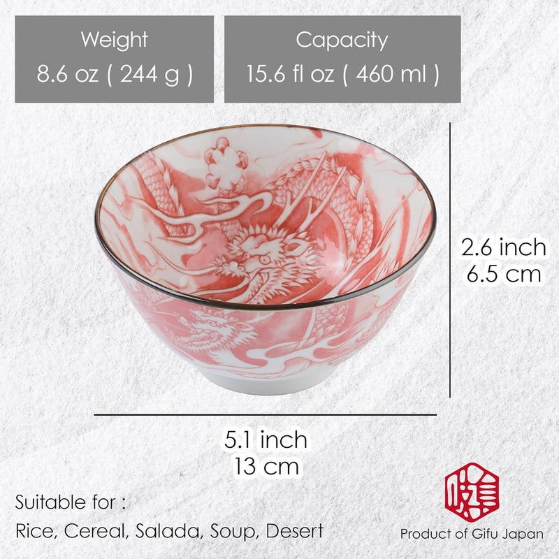 Mino Ware Japanese Rice Bowl Rice Ramen Noodle Soup Sarada Pasta Red Dragon Design Chawn 25 inch 88oz Set of 2 - Image 3