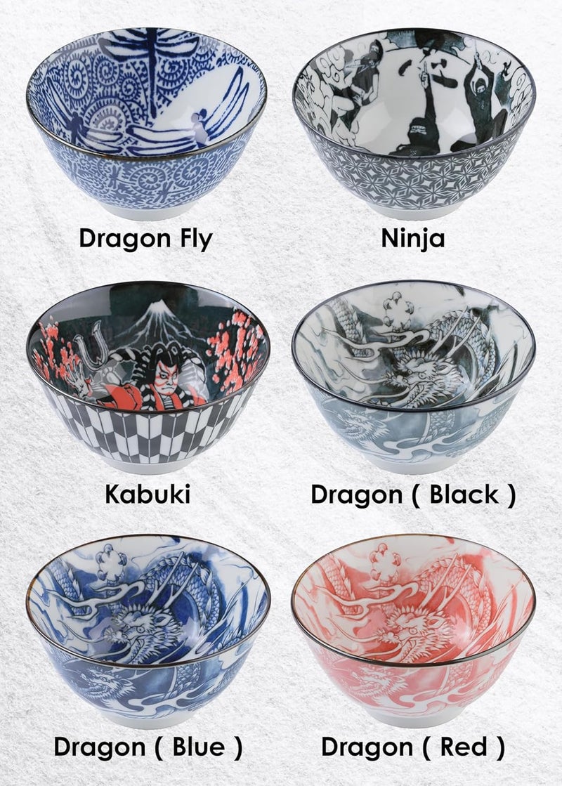 Mino Ware Japanese Rice Bowl Rice Ramen Noodle Soup Sarada Pasta Red Dragon Design Chawn 25 inch 88oz Set of 2 - Image 4