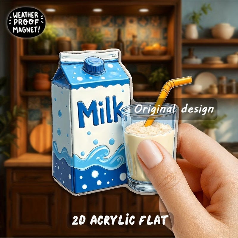 علبة حليب سعيدة ومغناطيس ثلاجة زجاجي أكريليك 8 سم 3.1 بوصة بتصميم كريستالي أبيض وأزرق لطيف وبسيط هدية لعشاق الحليب والآباء في أعياد الميلاد والكريسماس ورأس السنة الجديدة - Image 1