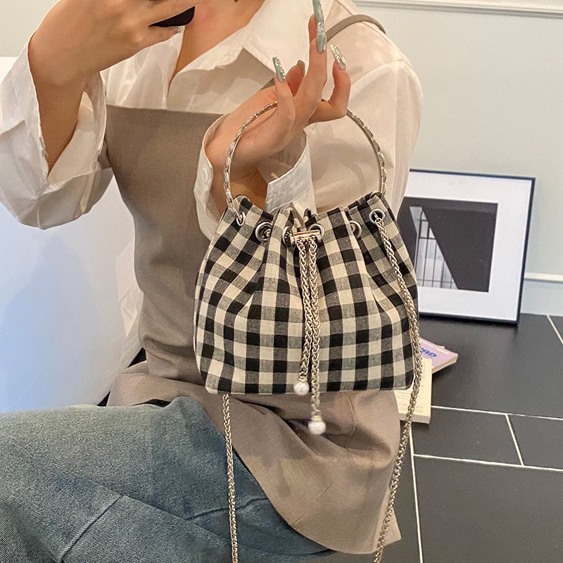 Diamond-Encrusted Mini Bucket Plaid Chain New Trendy Shoulder Bag Small Korean Version Versatile Chain Crossbody Bag - Image 5