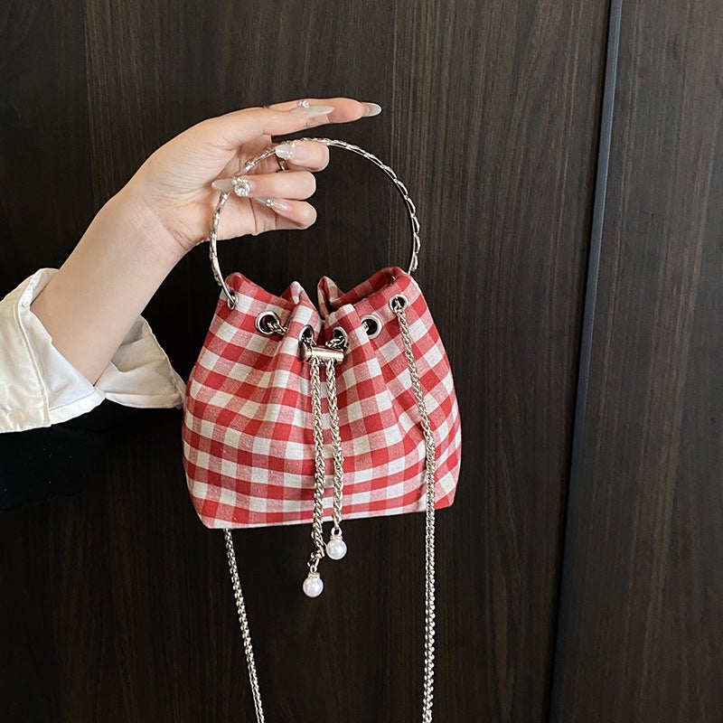 Diamond-Encrusted Mini Bucket Plaid Chain New Trendy Shoulder Bag Small Korean Version Versatile Chain Crossbody Bag - Image 3