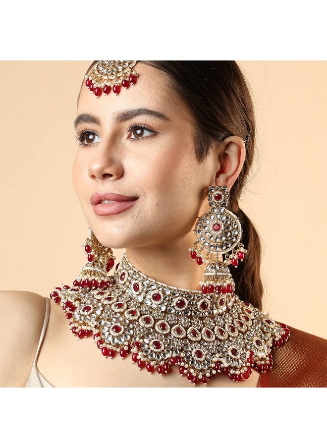 SOHI Gold Plated Red Necklace Set for Women and Girls, Necklace, Earrings and Maangtika, Necklace with Bead detailing for women, Statement jewellery, Stones necklace for women |2207