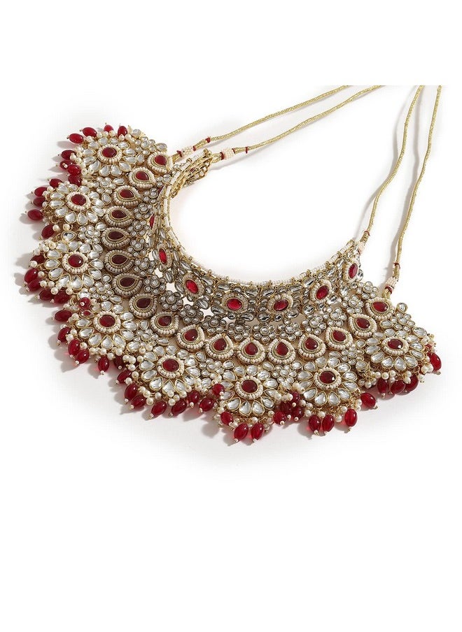 SOHI Gold Plated Red Necklace Set for Women and Girls, Necklace, Earrings and Maangtika, Necklace with Bead detailing for women, Statement jewellery, Stones necklace for women |2207