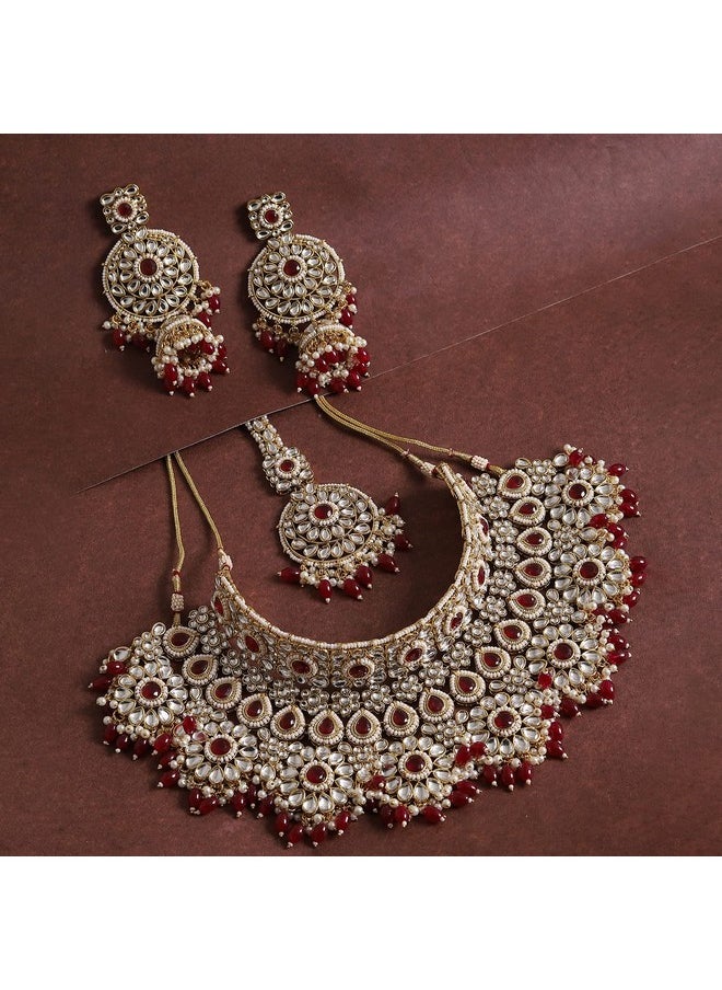 SOHI Gold Plated Red Necklace Set for Women and Girls, Necklace, Earrings and Maangtika, Necklace with Bead detailing for women, Statement jewellery, Stones necklace for women |2207