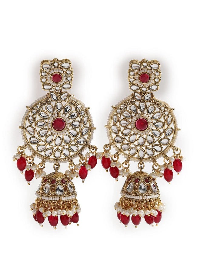 SOHI Gold Plated Red Necklace Set for Women and Girls, Necklace, Earrings and Maangtika, Necklace with Bead detailing for women, Statement jewellery, Stones necklace for women |2207