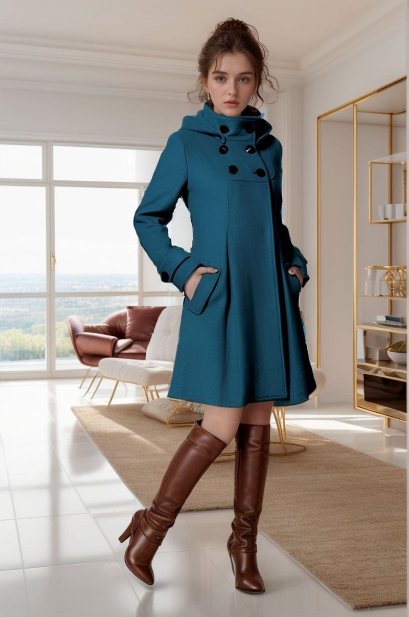 Hooded Double-Breasted Trench Coat Cape Style Women's Wool Blend Outerwear - Image 4