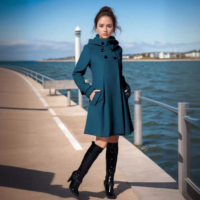 Hooded Double-Breasted Trench Coat Cape Style Women's Wool Blend Outerwear - Image 1