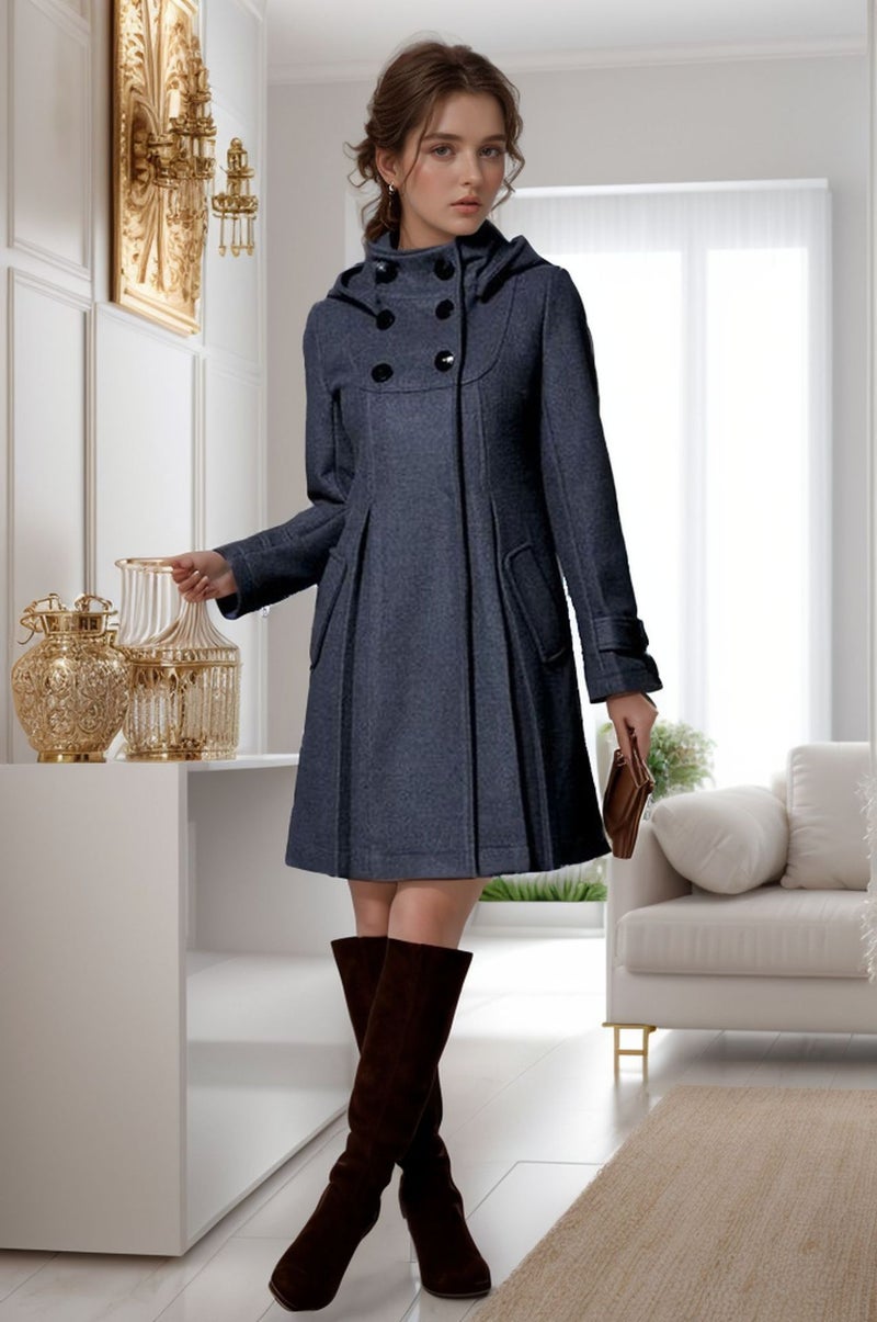 Hooded Double-Breasted Trench Coat Cape Style Women's Wool Blend Outerwear - Image 3