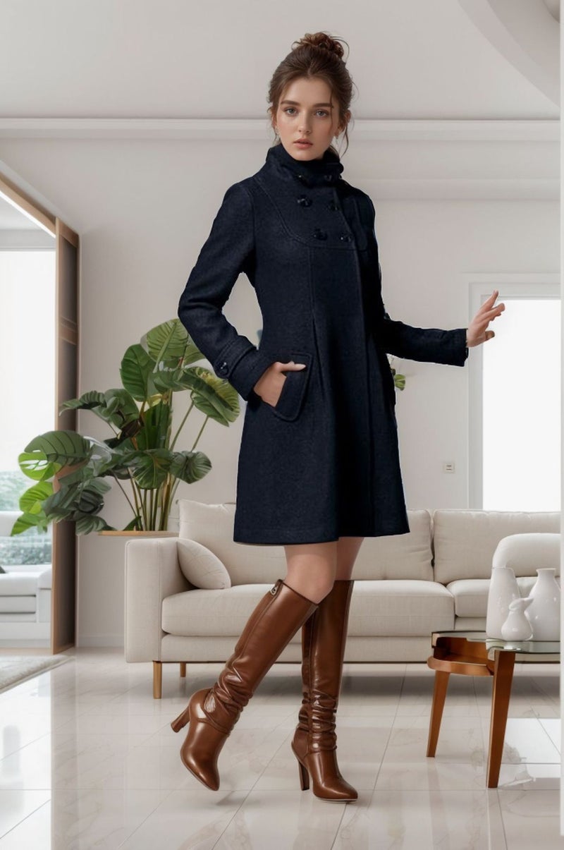 Hooded Double-Breasted Trench Coat Cape Style Women's Wool Blend Outerwear - Image 2