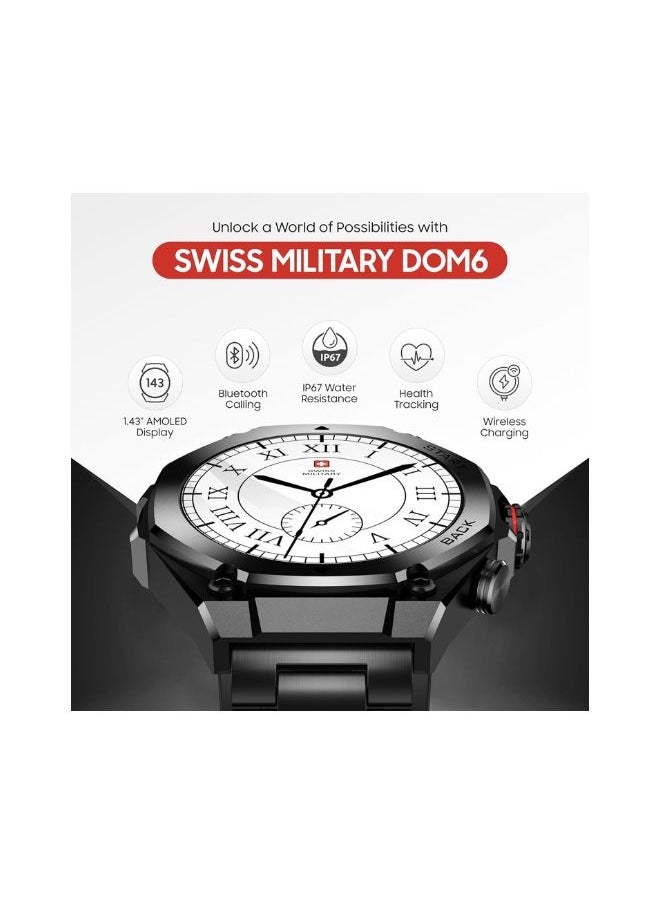 SWISS MILITARY - Swiss Military DOM6 Smartwatch 1.43" AMOLED, Bluetooth Calling, Multi Language, Health & Sports Tracking, Wireless Charging, 7 Days Battery, IP67, iOS/Android Compatible, Gun Metal Frame & Strap - Image 1