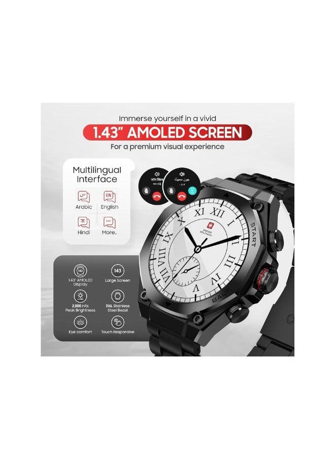 SWISS MILITARY - Swiss Military DOM6 Smartwatch 1.43" AMOLED, Bluetooth Calling, Multi Language, Health & Sports Tracking, Wireless Charging, 7 Days Battery, IP67, iOS/Android Compatible, Gun Metal Frame & Strap - Image 1