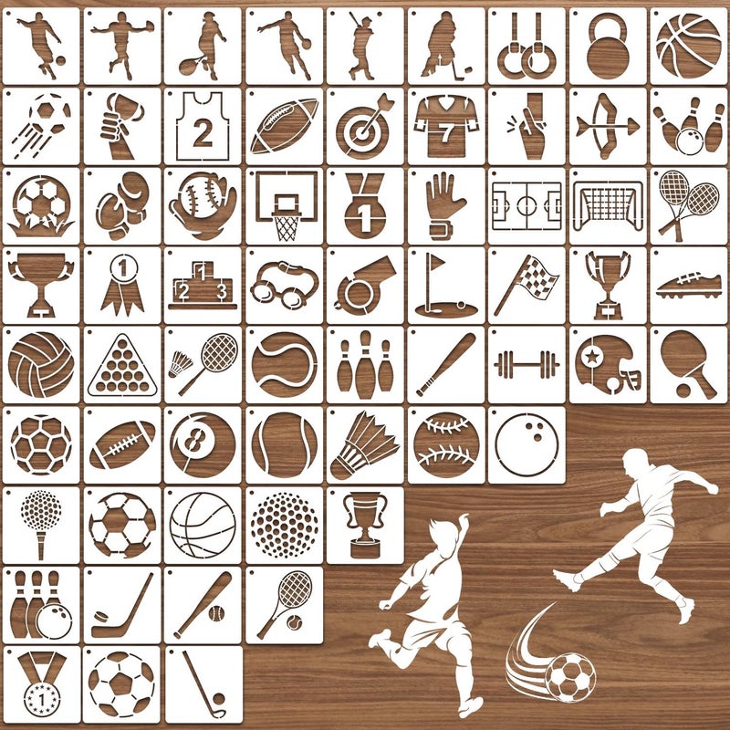 eageus 64 Pieces Small Sport Stencils for Painting, 3 Inch Reusable Football Basketball Soccer Baseball Ball Wood Burning Stencil, Plastic Template for Fabric Canvas Craft Rock Sign Home Decor(Sport) - Image 1