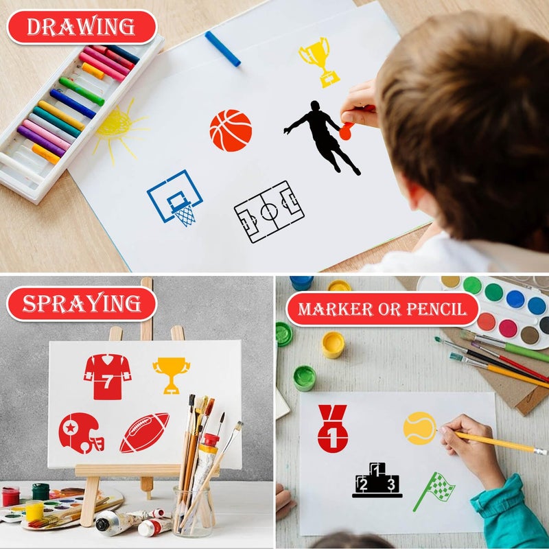 eageus 64 Pieces Small Sport Stencils for Painting, 3 Inch Reusable Football Basketball Soccer Baseball Ball Wood Burning Stencil, Plastic Template for Fabric Canvas Craft Rock Sign Home Decor(Sport) - Image 3