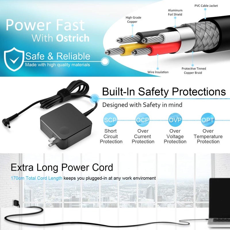 Ostrich Charger Compatible with Lenovo Laptop Computer 65W 45W Round Tip Power Supply AC Adapter - Image 4