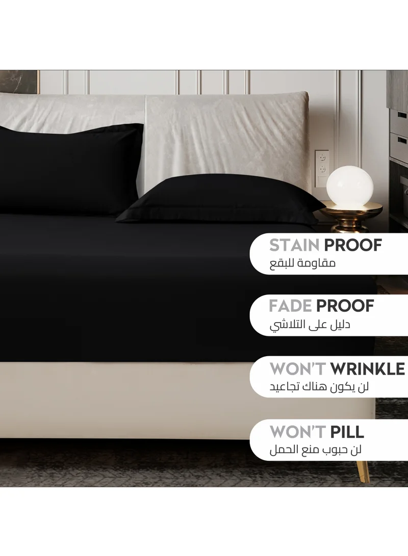 Donetella Bedding Fitted Sheet 3-Pcs King Size Solid Bed Sheet Set Fits(180x200CM) With Pillowcases And 35 CM Extra Deep Brushed Microfiber Bed Sheet,Black