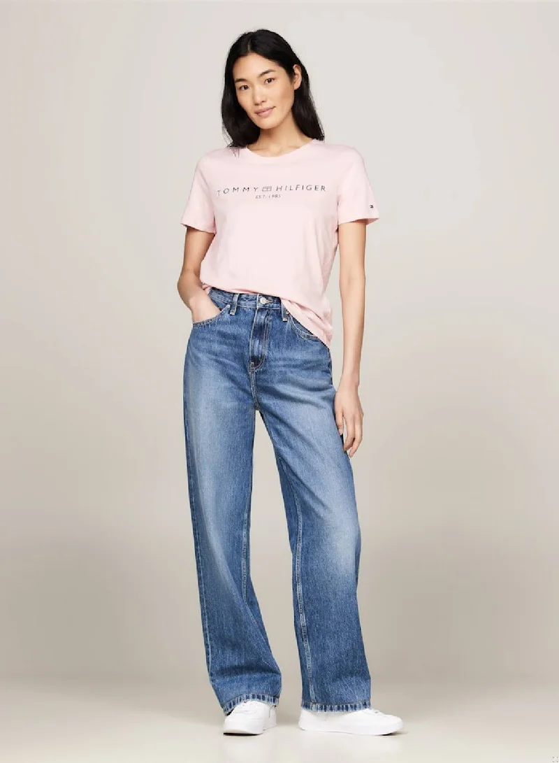 TOMMY HILFIGER Women's Curve Signature Logo Flag T-Shirt -  Pure cotton jersey, Pink