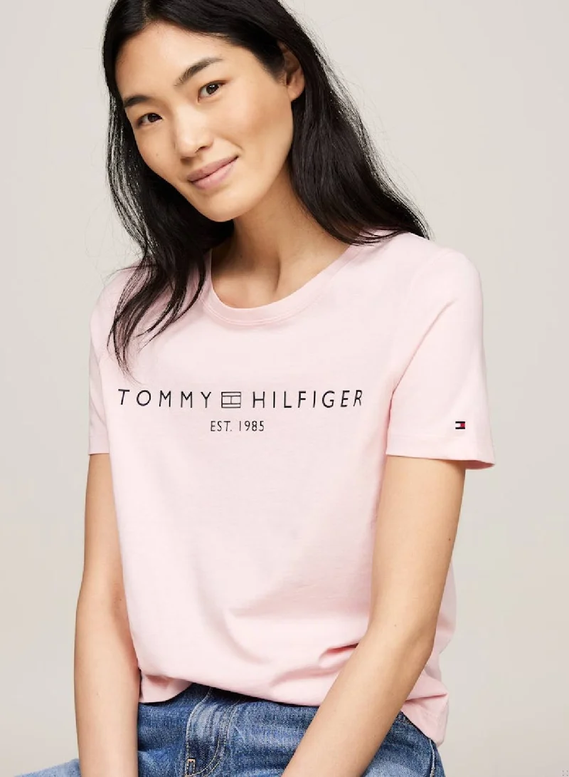 TOMMY HILFIGER Women's Curve Signature Logo Flag T-Shirt -  Pure cotton jersey, Pink