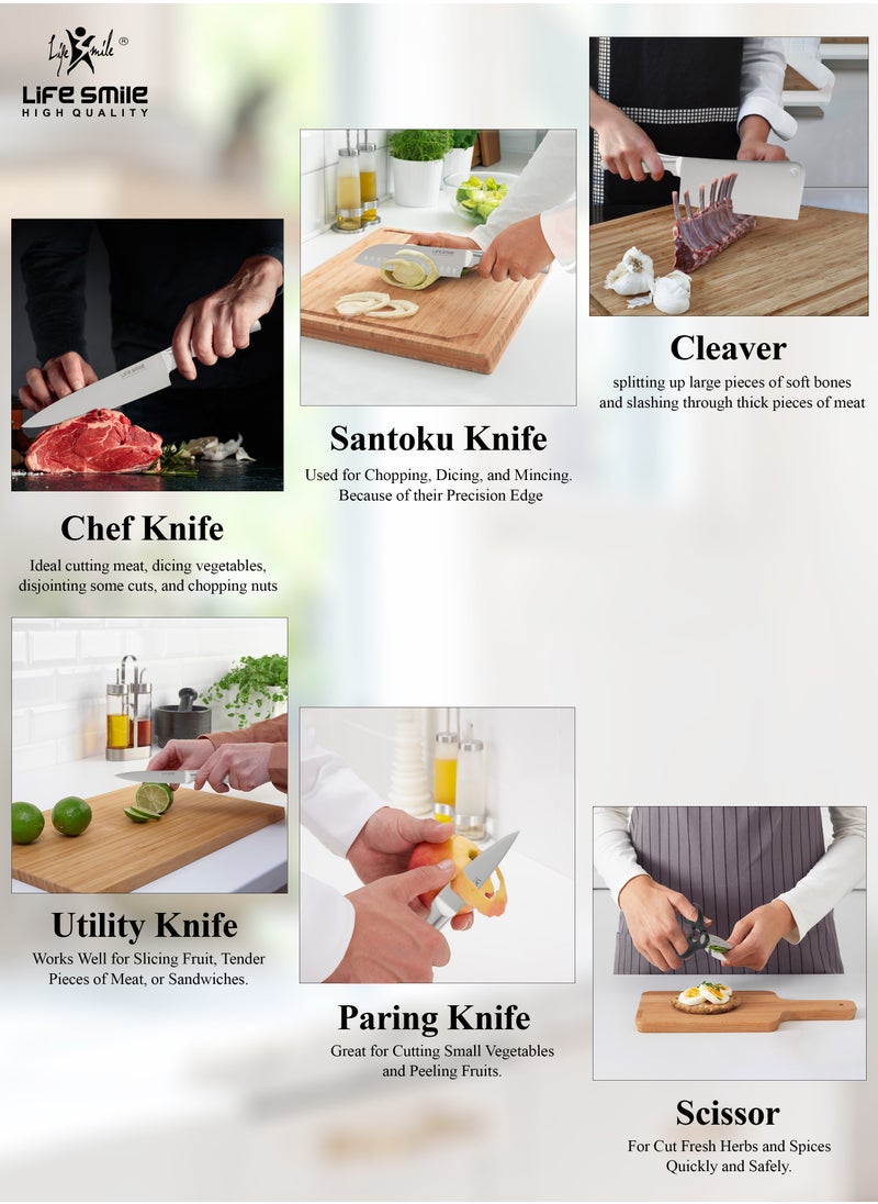 Life Smile - 11PCS High Carbon Stainless Steel Multipurpose Knife Block Set Include Chef Knife Cleaver Santoku Knife Tools 1xCutting Board and Knife Sharpner - Image 1