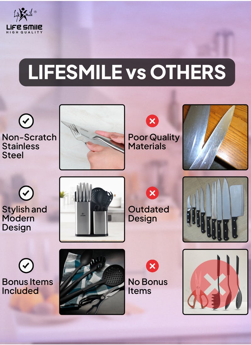 Life Smile - 11PCS High Carbon Stainless Steel Multipurpose Knife Block Set Include Chef Knife Cleaver Santoku Knife Tools 1xCutting Board and Knife Sharpner - Image 1