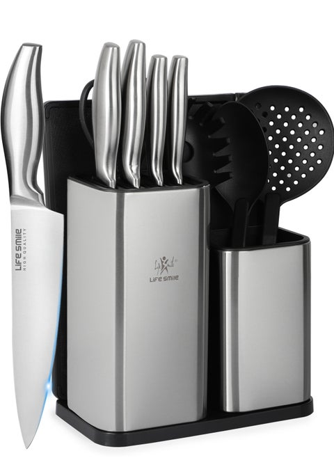 11PCS High Carbon Stainless Steel Multipurpose Knife Block Set Include Chef Knife Cleaver Santoku Knife Tools 1xCutting Board and Knife Sharpner