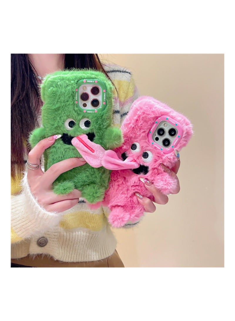 Y&D Compatible with iPhone 15 Pro Max Case, 3D Cute Plush Furry Fuzzy for Women Fluffy Cartoon Tongue-Out Green Monster Fur Hair Girly Protection Cover, Vibrant, Soft Phone Case (Pink) - Image 4