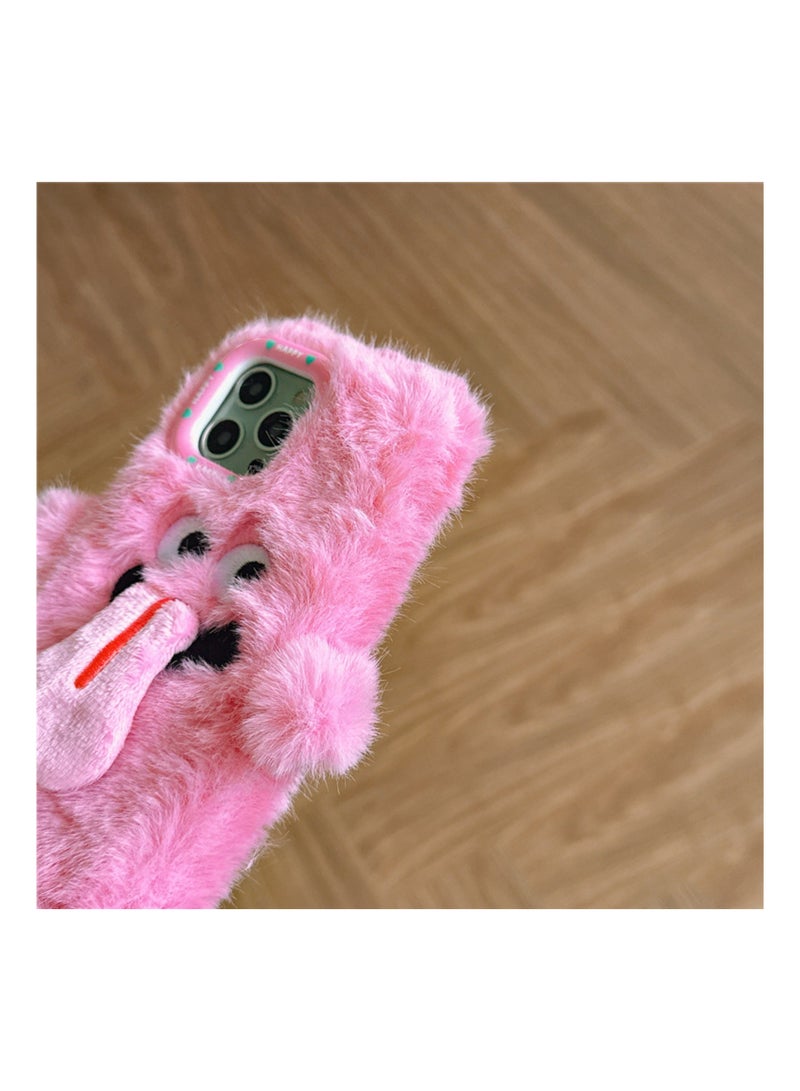 Y&D Compatible with iPhone 15 Pro Max Case, 3D Cute Plush Furry Fuzzy for Women Fluffy Cartoon Tongue-Out Green Monster Fur Hair Girly Protection Cover, Vibrant, Soft Phone Case (Pink) - Image 3