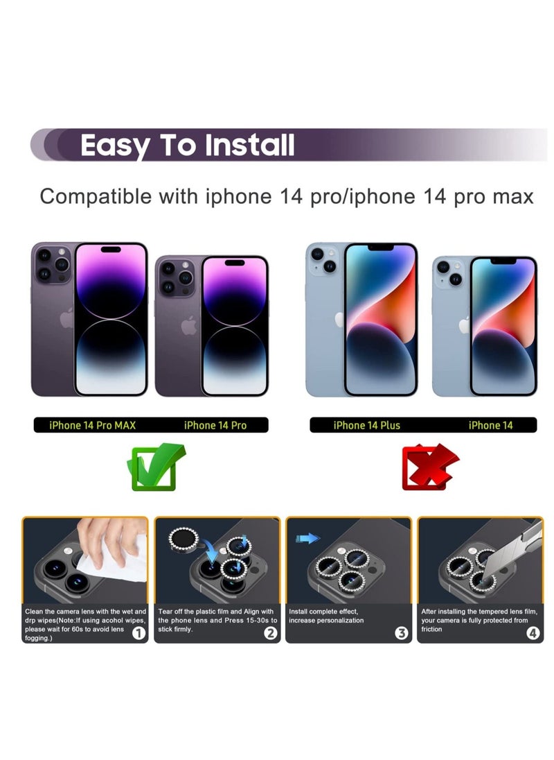Raxoom for iPhone 14 Pro 6.1 inch /14 Pro Max 6.7 inch Camera Lens Protector, Set with Diamonds Bling Camera Cover Tempered Glass for iPhone 14 Pro Max /14 Pro [Perfectly Fit] - Diamond Black - Image 2
