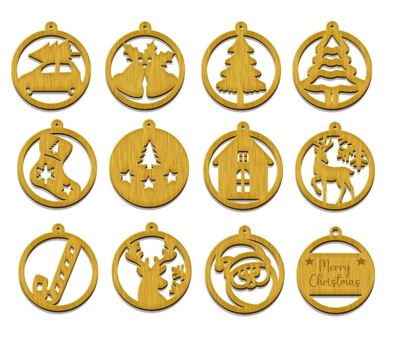 Gift Ho To Esa Gift Ho To Esa Christmas Tree Decoration Ornament Christmas Tree Golden Wooden Hangings Santa Bell Reindeer Snowflakes Merry Christmas Stars Socks Christmas Decoration Items Set of 12 Designs - Image 1