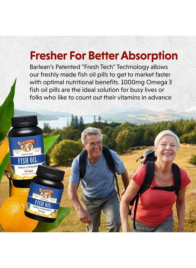BARLEAN'S Fish Oil Omega 3 Supplement, EPA & DHA Fatty Acid Softgels for Joint, Brain, & Heart Health, 1000mg Orange Flavored Fish Oil Pills, 100 Count - Image 3