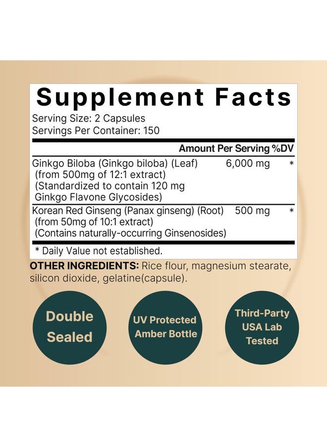 NatureBell - Ginkgo Biloba 6,000mg with Panax Ginseng 500mg Per Serving | 300 Capsules – Max Strength Ginko Biloba Extract Supplements - Promotes Memory, Focus, and Brain Health - Image 1
