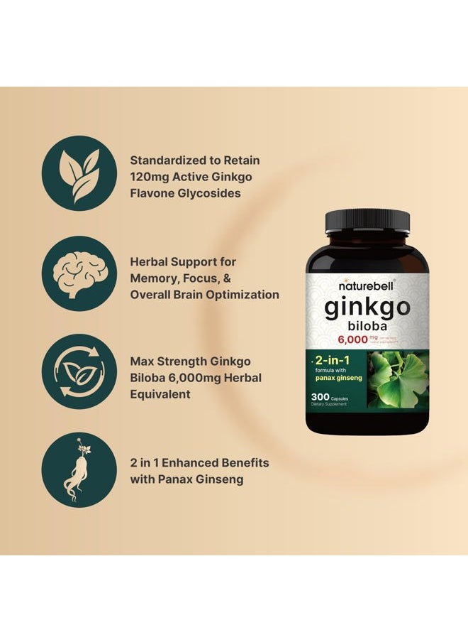 NatureBell - Ginkgo Biloba 6,000mg with Panax Ginseng 500mg Per Serving | 300 Capsules – Max Strength Ginko Biloba Extract Supplements - Promotes Memory, Focus, and Brain Health - Image 1