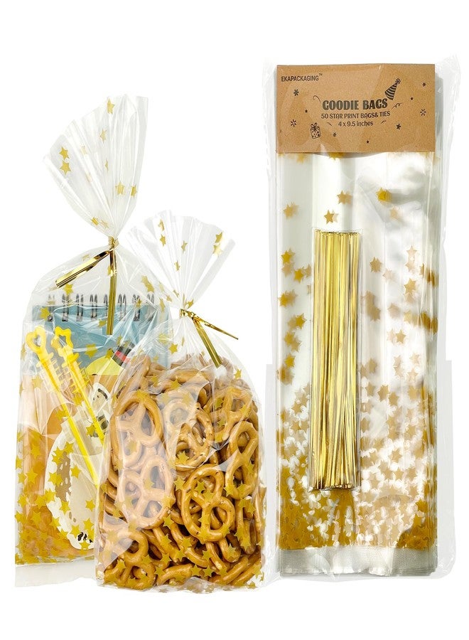 EKAPACKAGING 50 Pcs 4 X 9.5 Inches Star Print Goodie Bags Cellophane Gift Bags For Party Favors With Ties - Image 1