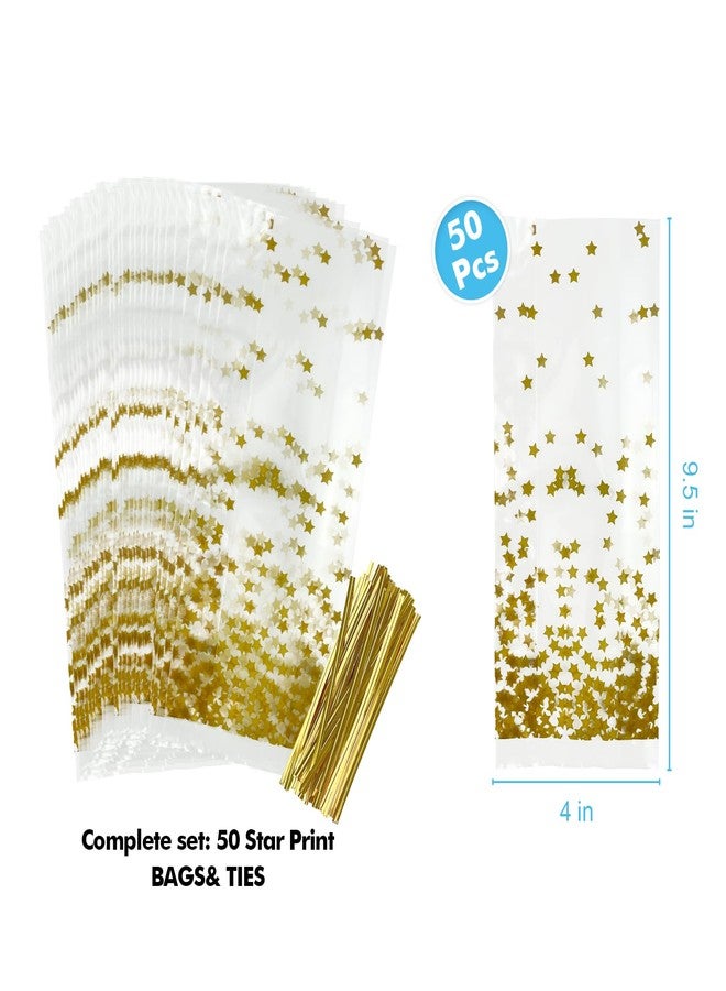 EKAPACKAGING 50 Pcs 4 X 9.5 Inches Star Print Goodie Bags Cellophane Gift Bags For Party Favors With Ties - Image 2