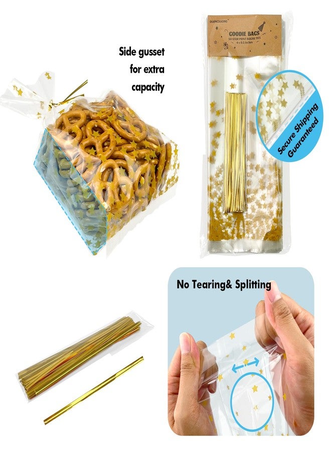 EKAPACKAGING 50 Pcs 4 X 9.5 Inches Star Print Goodie Bags Cellophane Gift Bags For Party Favors With Ties - Image 3