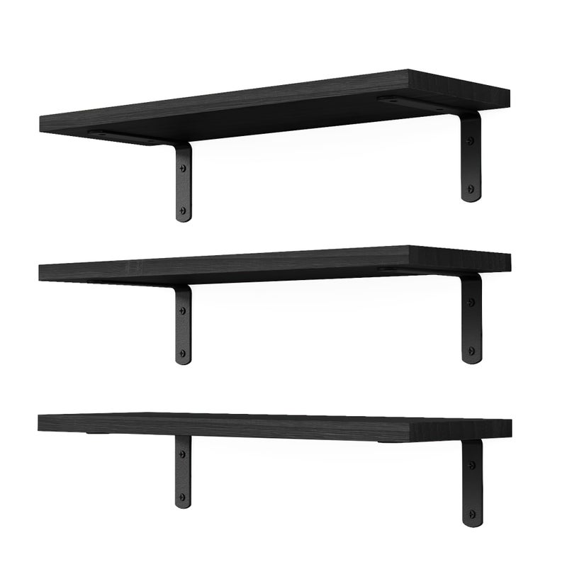 DOLLFIO Floating Shelves, 3 Sets Wall Wooden Shelves for DÃ©cor, Mounted Bathroom Shelf Storage, Book Wall, Bedroom, Living Room â€“ Black, HM02 - Image 1