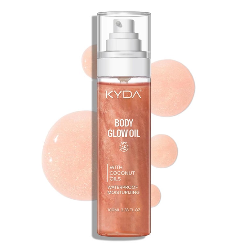 زيت الجسم كيدا جلو، واقي شمس SPF 45 واسع الطيف، زيت جسم واقي للشمس مع ميكا ذهبية وردية، زيت جوز الهند المرطب، مرطب الجسم المتألق، خفيف الوزن، مقاوم للماء، 3.38 أونصة سائلة، وردي