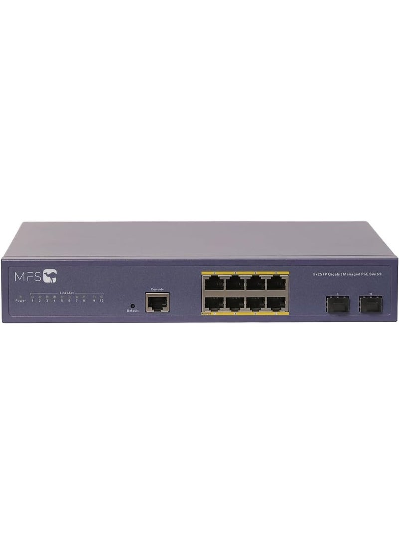 إم إف إس محول جيجابت PoE بـ8 منفذ، 8 GE PoE+، 2 GE Uplink، 2 Gigabit SFP, IEEE802.3af/at بحد أقصى 120 واط، محول ايثرنت غير مدار للتوصيل والتشغيل بدون مروحة, ماركة MFS
