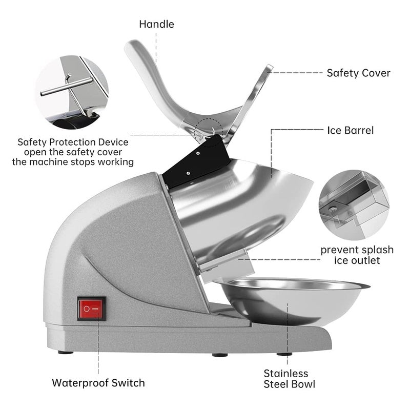 AZRMOH Electric Ice Crusher Machine with Three Blades Snow Cone Maker Gola Making Machine Sensor Shaved Ice Crusher Machine 300 Watts Ideal Use in Homes Cafes Stainless Steel - Image 5