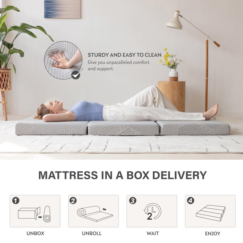 MLILY Tri-Fold Memory Foam Mattress Topper, 4 inch Single Folding Mattress with Collapsible and Washable Cover, Travel and Guest Mat, 75"Ã—25"Ã—4", Grey - Image 4