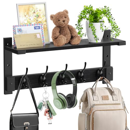 Oraich Wall Hooks with Shelf Coat Rack Wall Mount Entryway Hanging Shelf for Clothes Backpack Key Purse Shelf with Hooks Hanging in Living Room Bathroom Bedroom Kitchen - Image 1