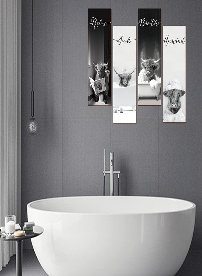 YLOLUL 4 Pieces Funny Highland Cow Bathroom Wall Decor Wood Relax Soak Unwind Breathe Wall Art Bathroom Sign Hanging Cow Wooden Sign for Living Room Laundry Bathroom Spa Washroom (Cow) - Image 3